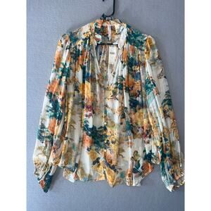 Anthropologie  Blouse Women's Medium Floral Button Front Long Sleeve Sheer